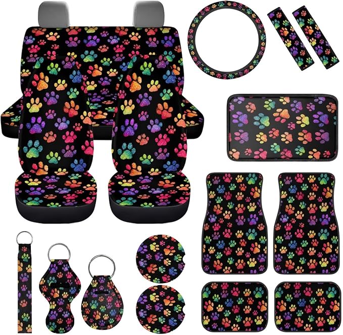 Dog Paw Prints Car Seat Covers Full Sets of 17 Pack,Colorful Dog Paw Prints Car Accessories Sets with Car Rubber Floor Mats,Steering Wheel Car Covers,Cup Coasters,Seat Belt Pads,Universal Fit