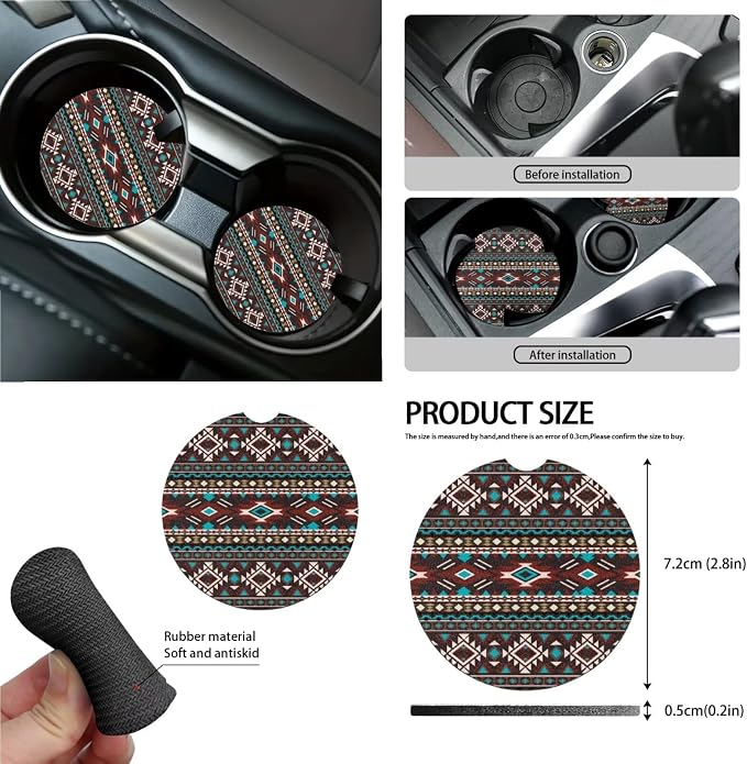 Aztec Tribal Geometric Pattern 15 Pieces Car Accessories with Car Seat Cover Steering Wheel Cushion Seat Belt Pad Keychain Cup Coasters Air Vent Bag Trash Can and Mirror Cover
