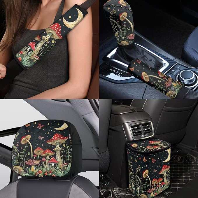 BIGCARJOB Mushroom Car Seat Cover Full Set 15 Pieces Mushroom Print Car Interior Accessories Set with Universal Steering Wheel Cover Car Trash Can Hanging Seat Headrest Covers
