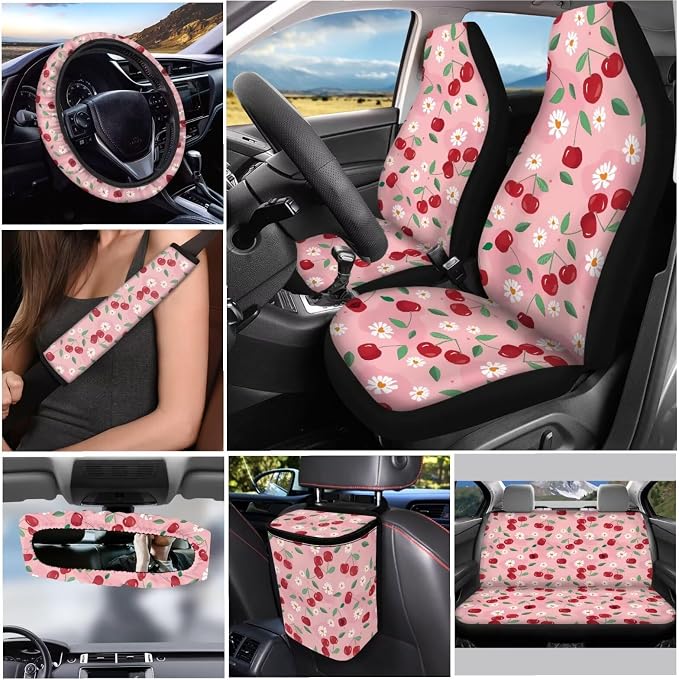 Cherry Daisy 12 Pack Car Seat Covers Sets Car Steering Wheel Cover Car Seat Belt Cover Car Trash Can Car Rear View Mirror Cover Car Cup Coasters Keychain Holder Keychains