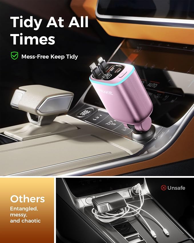 Car Charger, USB C Cable Fast Charging USB C iPhone Charger, Cigarette Lighter Adapter with Retractable 2 USBC Cables 25 Inch and 2 USB Ports, Multi Port Car Charging for iPhone 17/16/15/Pro Max-Pink