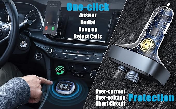 LIHAN USB C Bluetooth 5.4 Car Adapter, Wireless Upgrade Audio System for Non-Bluetooth Vehicles, FM Radio Transmitter, 48W Fast Charging, Stable Hands-Free Calling, MP3 Music Player, Support USB/TF