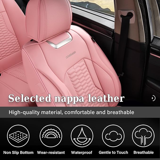Coverado Front Seat Covers, Car Seat Covers Front Seats, Nappa Leather Waterproof Seat Covers for Car, Car Seat Protectors, Automotive Seat Covers Universal Fit for Most Vehicles(Pink)