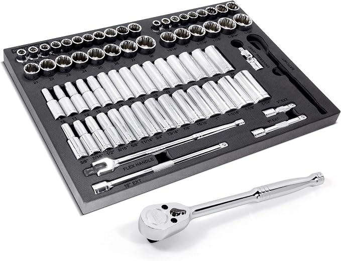 Powerbuilt Master Socket 69 Piece Set, 1/2 Drive, SAE and Metric, 6 and 12 Point, Deep Sockets, Extension Bars, Ratchet - 949006