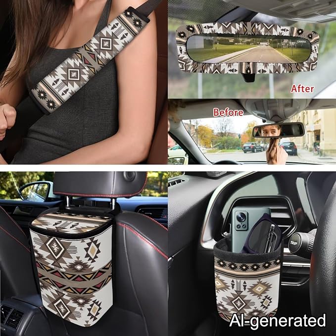 Dreaweet Navajo Seat Covers for Cars Full Set Southwestern Geometric Tribal Steering Wheel Cover Seat Belt Pads Trash Bag Vent Storage Pouch Rear View Mirror Cover Car Coasters Keychain 15 Pcs Set