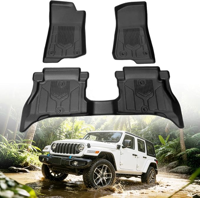 Floor Mats for Jeep Wrangler 4XE 4 Door 2021-2026 (Not for JL, JK or 2 Door), Custom Fit Heavy Duty TPE All Weather Protection, Waterproof Non-Slip Black Car Liners (Two-Row Floor Mats)
