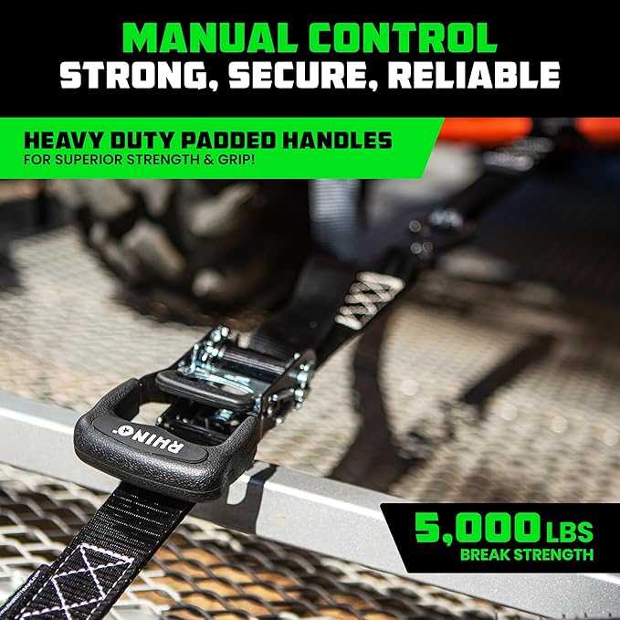 Rhino USA Ratchet Straps Heavy Duty Kit (4-Pack) - 1.6 Inch x 15 Feet Min Break Strength (5,000) - Ultimate Tie Down Straps with Safety S Hooks for Trucks, ATV, UTV, Motorcycle, Cargo & More - Black
