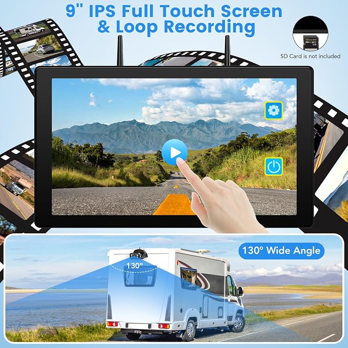 9" Wireless Backup Camera with Full Touchscreen, RV Backup Camera for Furrion Pre-Wired, Recording 4-Channel Split Screen, IR Night Vision, IP69 Wide Angle, Back up Camera Systems for Truck Trailer