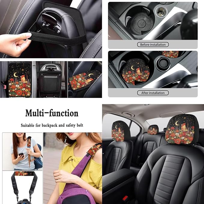 Cardinal Floral Moon Print Car Seat Cover Full Set with Auto Steering Wheel Cover Seat Belt Protector Armrest Pad Auto Rear View Mirror Protector Set of 15, Car Accessories Set, Orange