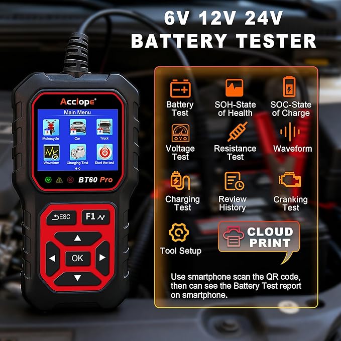 BT60 PRO Car Battery Tester 6V/12V/24V, 2–120Ah, 100–3000 CCA, AGM/Gel/Lithium, Digital Analyzer, QR Cloud Report (No App), Alternator & Starter/Charging System