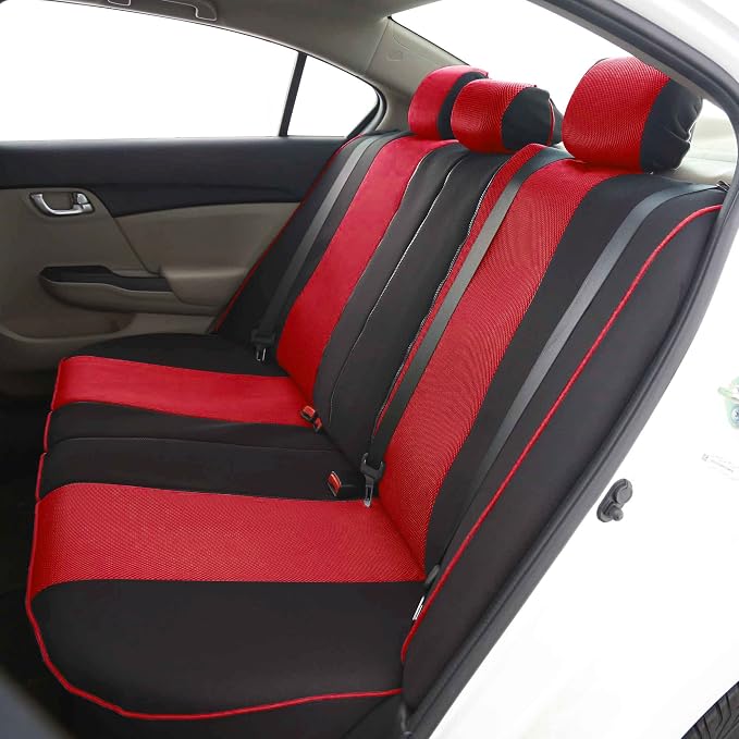 FH Group Automotive Seat Covers Edgy Piping Seat Covers Full Red Set Interior Accessories,Universal Fit Combo Vinyl Floor Mats Seat Covers Car for Cars and Vans Airbag and Split Rear Automotive