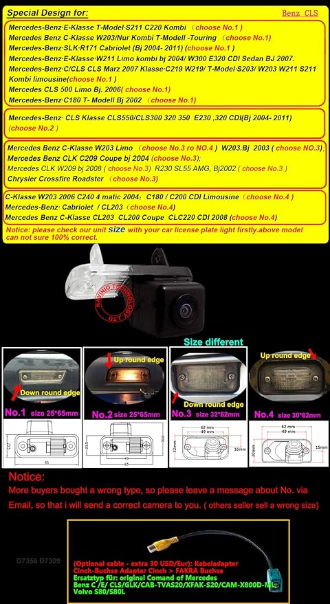 Auto reversing Camera Improved Parking aid with 8ir Night Vision 170 ° Wide -Angle Waterproof high Definition (Black) for Mercedes Benz C W203 E W211 CLS Class W219 CLK W209