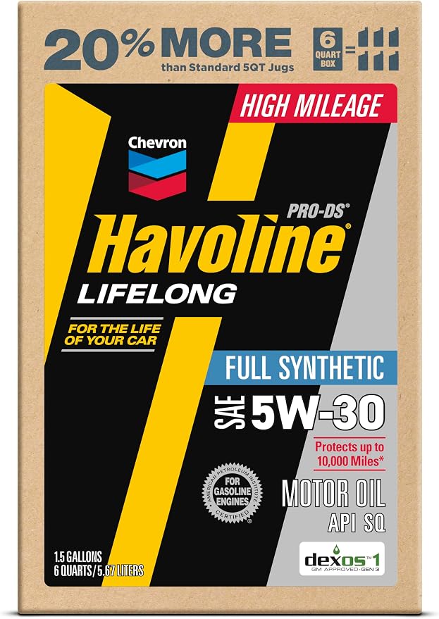 Havoline Motor Oil 5w20 PRO-DS Lifelong Full Synthetic Smart Change Engine Oil, 5W-20, 6 Quarts, Pack of 2