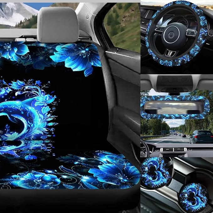 Neon Dolphins Car Seat Covers Full Sets of 17 Pack,Blue Dolphins Car Accessories Sets for Women with Animals Auto Seat Head Rest Protector Rear View Mirror Cover,Steering Wheel Car Cover