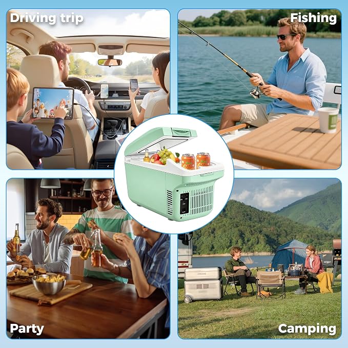 Iceblue Electric Cooler with Type-C, 8 Liter /11 Cans Mini Fridge with Belt, 9V Type-C Thermoelectric Dual-use Car Refrigerator, Car Fridge for Car, Dorm, Travel, Picnic, Gift (Green)
