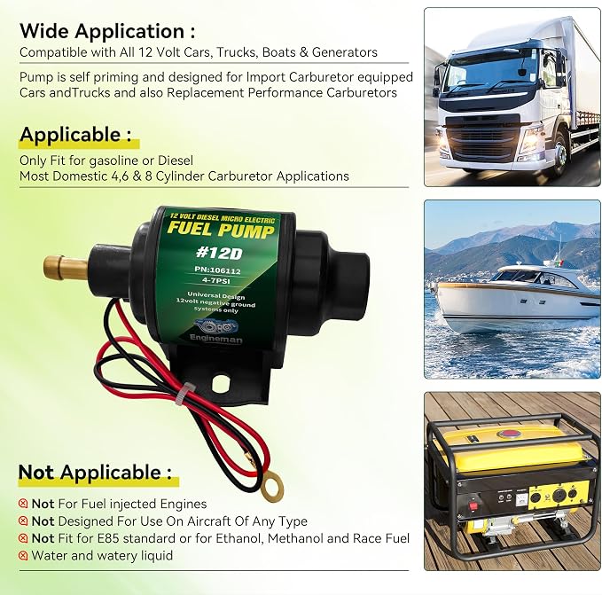 12D Micro Electric Diesel Fuel Pump Universal 5/16 inch Inlet and Outlet 12V 1-2 A, 35 GPH, 4-7 PSI
