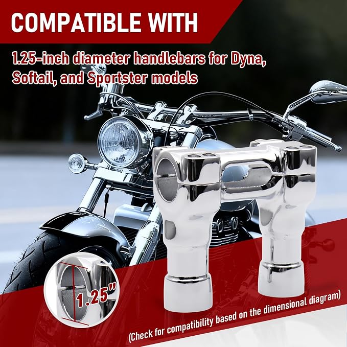 Chrome 4 inch Rise One-Piece Handlebar Top Clamp Kit 1.25 inch Diameter Investment-cast steel Risers for Harley Dyna Softail Sportster