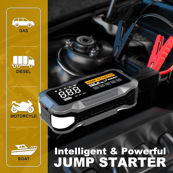 4000A Car Jump Starter with Air Compressor 150PSI Tire Inflator — 12V Portable Battery Booster Power Pack 20000mAh — Emergency Jump Box for 10L Gas 8L Diesel Engines with LED Light USB Charger