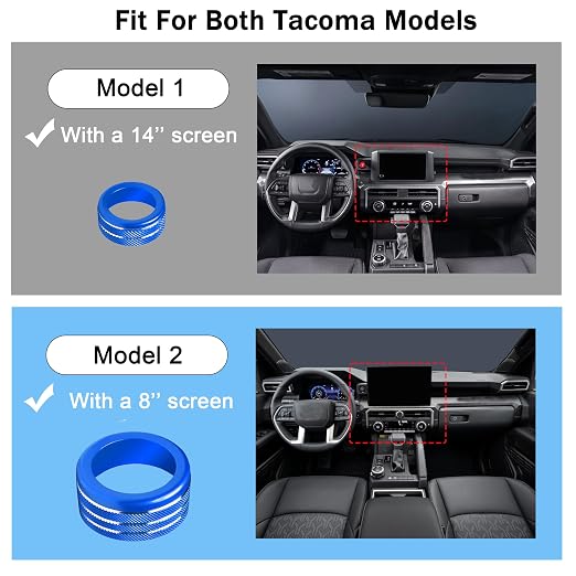 Knob Covers for Toyota Tacoma Accessories 2024 2025 2026 8" or 14" Touchscreen Air Conditioner Engine Start Stop Button Ring Drive Mode Switch Audio Center Console Button Knob Cover 7 Pcs (Blue)