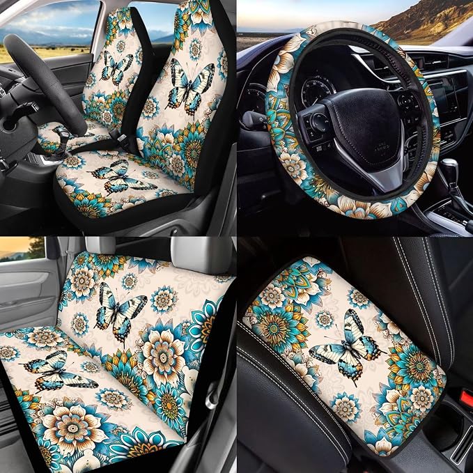 BIGCARJOB Boho Lotus Car Seat Covers Set 15 Pieces Butterfly Print Auto Seat Headrest Cover Universal Steering Wheel Cover Car Trash Can Hanging Auto Interior Accessories Set