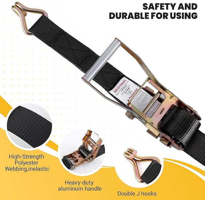 10000lbs Break Strength 2" x20FT Ratchet Straps 4-Pack - Heavy Duty Tie Downs with Double J-Hooks for Flatbed, Construction & Industrial Cargo - Black
