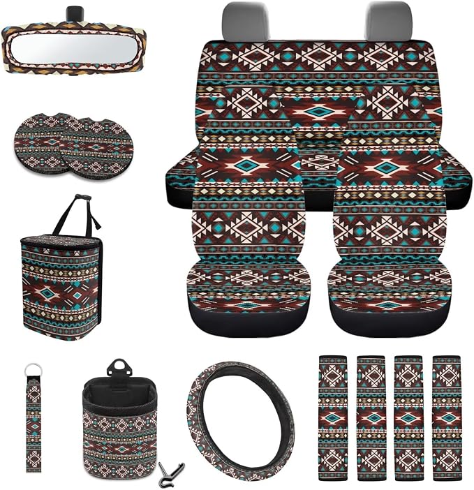 Aztec Tribal Geometric Pattern 15 Pieces Car Accessories with Car Seat Cover Steering Wheel Cushion Seat Belt Pad Keychain Cup Coasters Air Vent Bag Trash Can and Mirror Cover