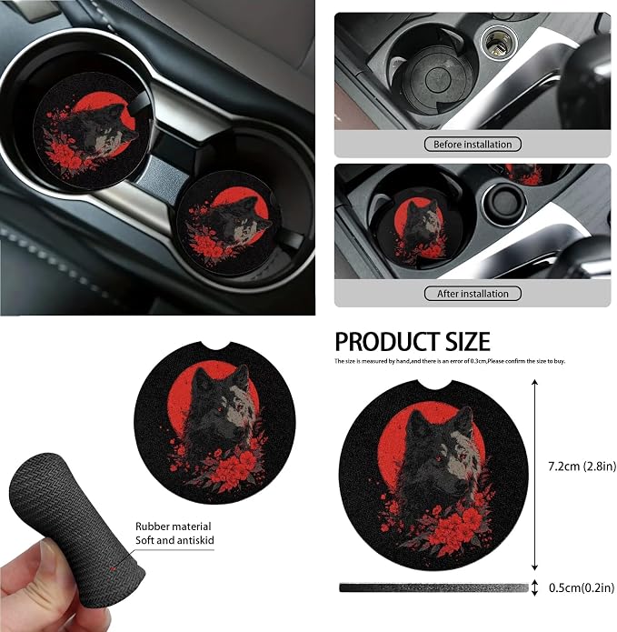 Moon Wolf Floral Print Car Accessories Full Set of 15 Car Seat Covers Steering Wheel Covers Seat Belt Strap Cover Trash Bag Air Vent Storage Holder Rear View Mirror Cover Keychain Coasters