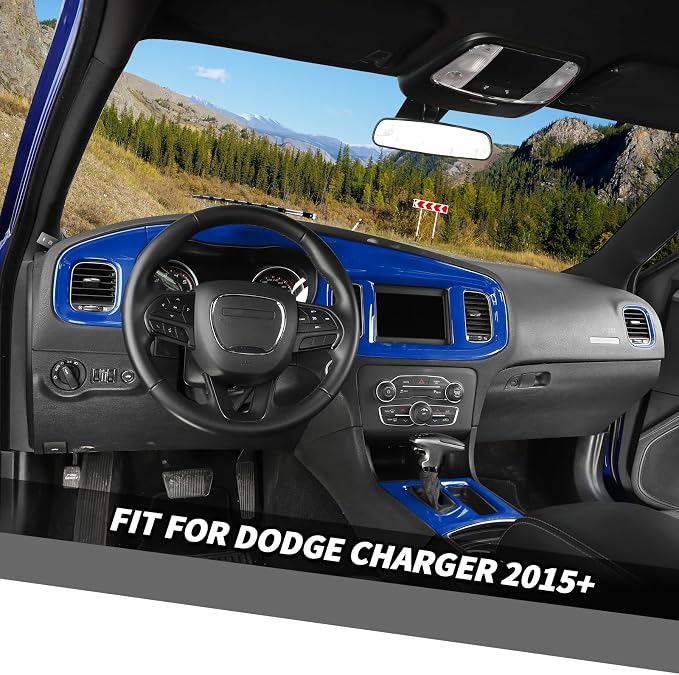 Jimen Fit for Dodge Charger 2015-2023, Center Console Dash Instrument Panel & Gear Shift Cover Trim (Blue)