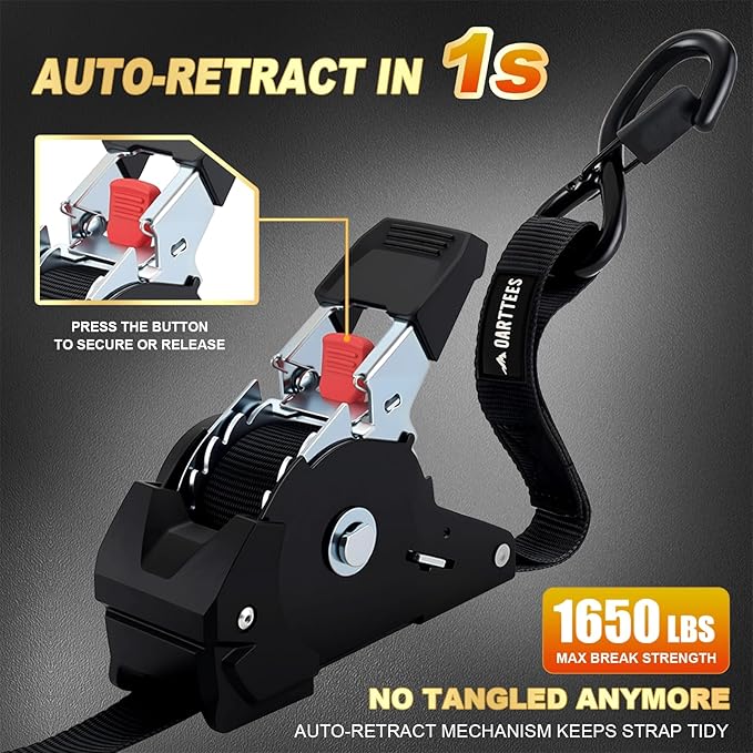 Retractable Ratchet Straps (4-Pack) - 1 Inch x 10 Feet (1,650lb Break Strength) - Heavy Duty Auto Self Retracting Tie Down Straps for Truck, Cargo Trailer, Motorcycle, ATV, UTV - Black