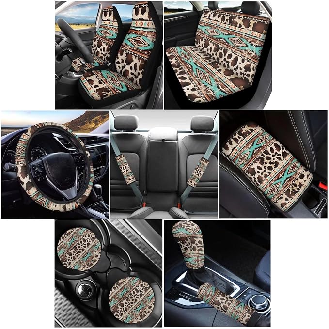 Wanyint Aztec Cow Print Retro Car Accessories Set 12 PCS, Front and Back Car Seat Covers Steering Wheel Cover Seat Belt Pad Armrest Cover Coasters Handbrake Gear Shift Cover Fit for Most Vehicles