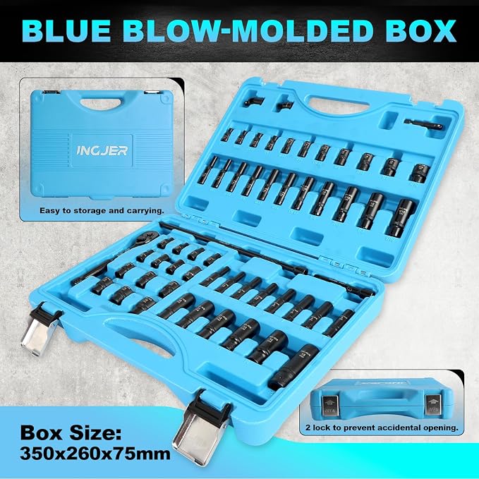 Socket Set 1/4, 56 Piece Impact Socket Set Metric and Standard Full, 6 Point, Cr-V, 1/4-Inch Drive Ratchet Handle, Drive Extension Bar, Impact Universal Joint,impact adapter