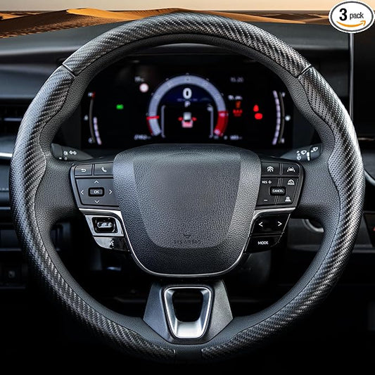 West Llama 3 Piece Carbon Fiber Steering Wheel Cover, 14.5-15 Inch 3 Pc Auto Car Steering Wheel Cover Universal Fit for 99% Cars, SUVs, Trucks (Matte Black)