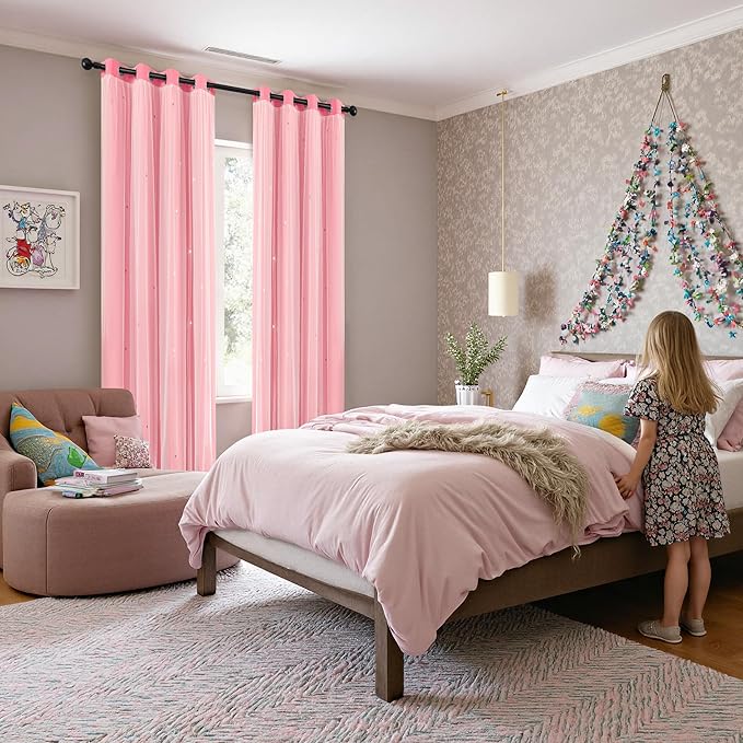 XiDi Pink Curtains for Girls Bedroom 80% Blackout Double Layer Curtains with Sheer Overlay for Nursery Kids Room Star Pink Drapes with Tiebacks Grommet Window Treatment 2 Panels W34 X L72