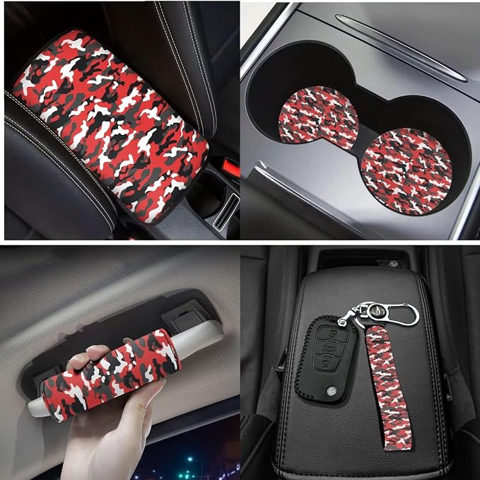 17Pcs Red Camo Print Car Seat Cover Set, Easy Install, Car Seat Cover with Mats Steering Wheel Cover Armrest Cover Car Seat Belt Covers Car Coaster Keychain Roof Gloves