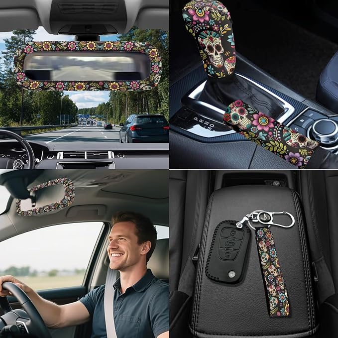 Sugar Skull Car Seat Covers Full Sets 18 Pcs Gothic Skeleton Car Interior Accessories Car Headrest Covers Car Seat Belt Pads Cover Auto Trash Bag Steering Wheel Cover Armrest Box Pad