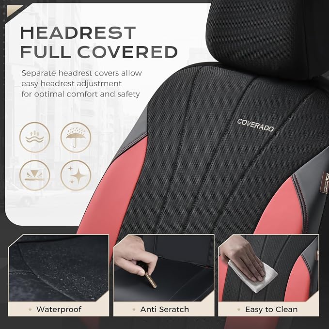 Coverado Car Seat Covers Full Set, Waterproof Automotive Seat Protectors 5 Seats, Red Driver Protectors Universal Fit for SUVs, Trucks, Sedans,Car Accessories