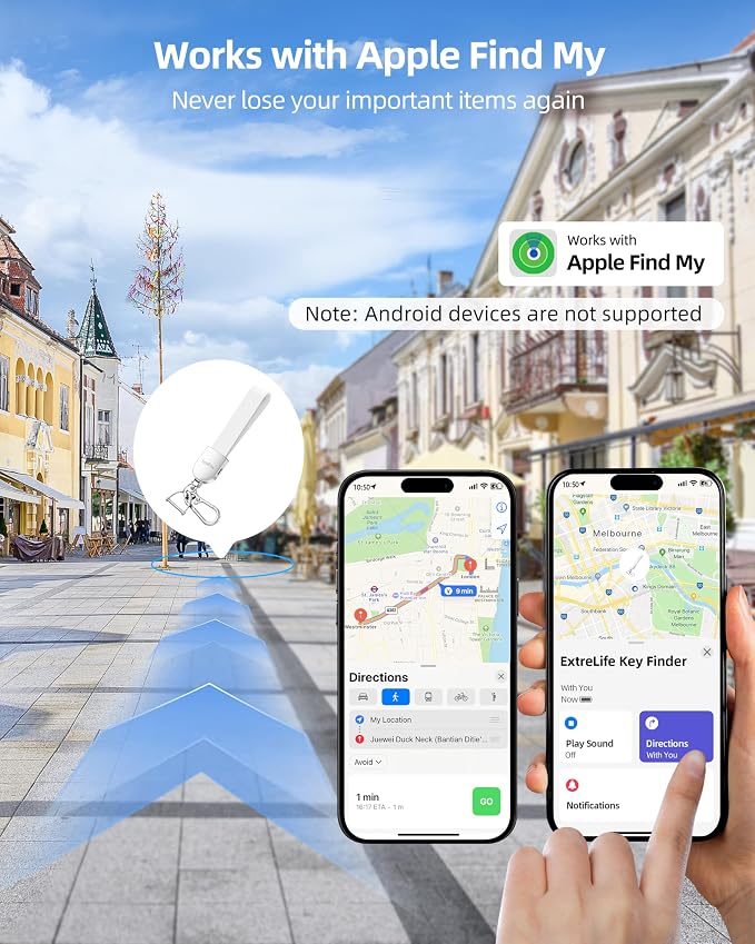 ExtreLife Keychain, Works with Apple Find My, Leather Car Keychain for Women and Men, Car Key Fob Holder, Key Chain with GPS Tracker, Anti-Lost Smart Keys Finder, Rechargeable, White