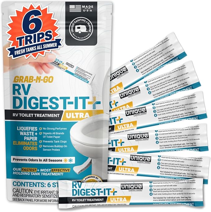Unique RV Digest-It Ultra Stick Packs Summer-Long Tank Treatment, 6 Premeasured Packs, No Mess Powder for Black Tanks, Controls Odors, Helps Break Down Waste
