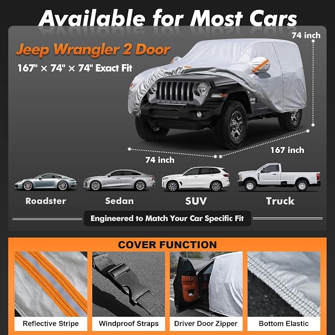 Car Cover Waterproof All-Weather,Heavy-Duty Outdoor Full Exterior Automobiles Snow Cover for Jeep Wrangler 2 Door CJ JK JL(1987-2026),with Windshield Sun Shade,Towel&Storage Bag