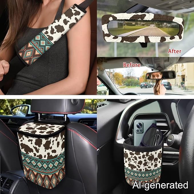Dreaweet Aztec Brown Cow Print Seat Covers for Cars Full Set - Seat Covers Front and Back with Steering Wheel Cover Seatbelt Pad Coasters Trash Bag Air Vent Storage Bag Rearview Mirror Cover Keychain