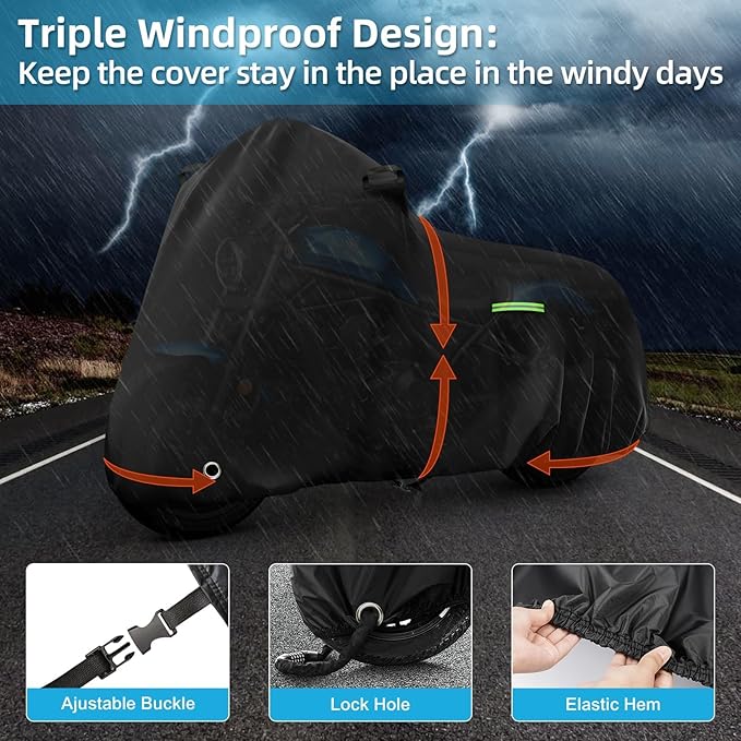 Motorcycle Cover Waterproof for Honda Rebel 300 500 1100, Heavy Duty Outdoor Sun Rain Snow UV Dust All Weather Protection Motorbike Cover with Soft Cotton Lining & Lock Hole