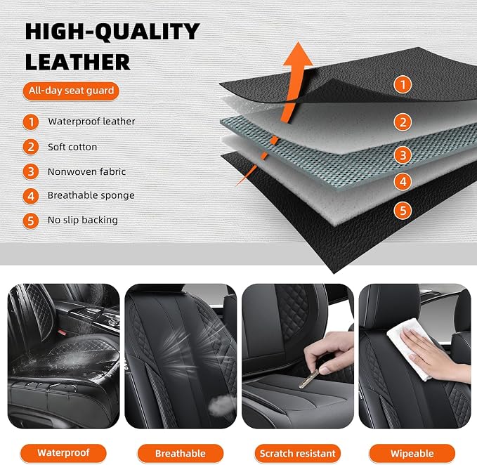5-Seater Car Seat Covers Full Set Waterproof and Breathable Nappa Leather, Fit for Front and Rear Seats of Cars, Compatible with Airbags, Car Seat Protector Covers for Most Cars - Pure Black