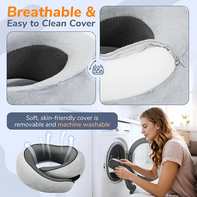 SYNNA Travel Neck Pillow for Airplane & Car, 360° Head and Chin Support, Ergonomic Memory Foam with Silky-Smooth Breathable Washable Cover for Flights, Road Trips & Office Naps