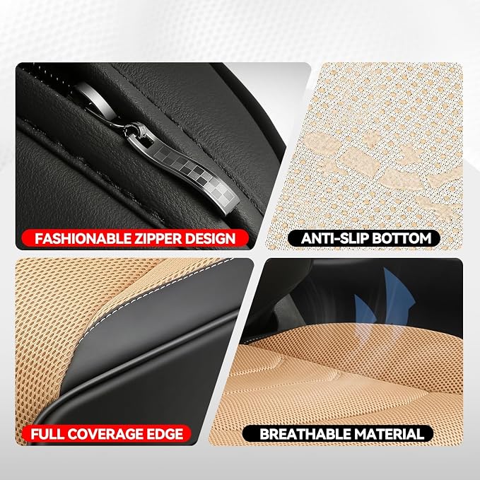 Auto Dynasty Car Seat Covers Full Set, Anti-Slip Automotive Interior Covers with Storage Pocket, Breathable Car Seat Protectors, Airbag Compatible, Universal Fit Most Vehicles, Beige (Sport Series)