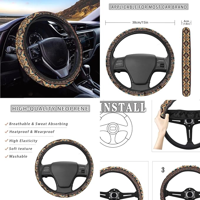 Aztec Cactus Car Seat Covers Full Set with Steering Wheel Cover Shoulder Pads, Breathable Auto Seat Covers for Cars Stretchy Car Seat Protector Universal Fit Most Cars SUV, Brown