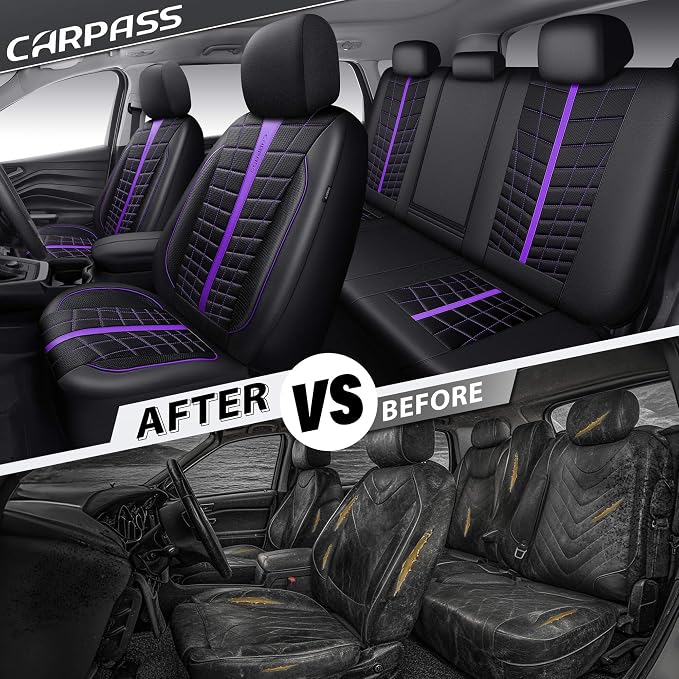 CAR PASS 3D Foam Mesh Leather Car Seat Covers Full Set, Breathable Premium Leather Seat Covers for Car,Anti Slip Universal Fit for Trucks Cars Sedans Vans SUVs, Airbag Compatible, Black Purple