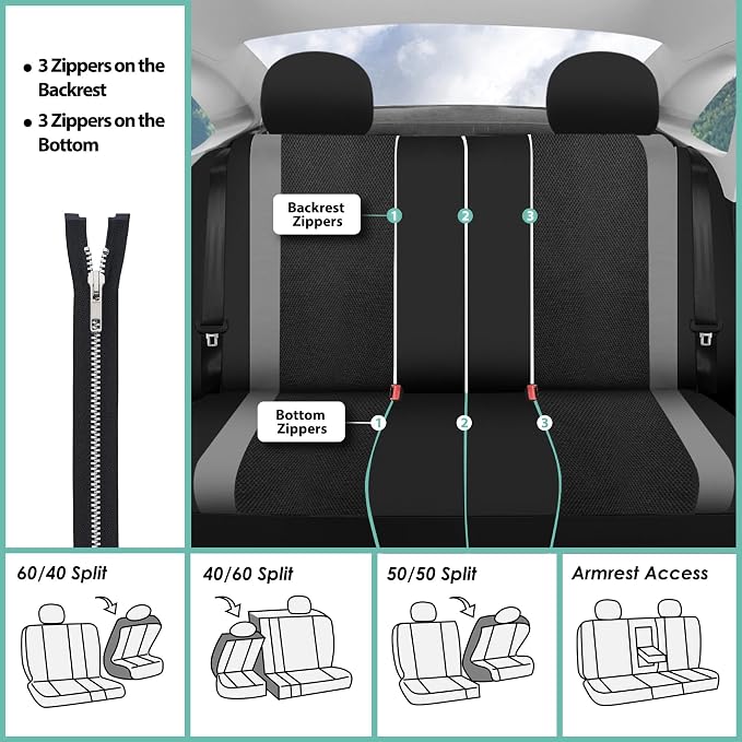 FH Group Car Seat Covers Universal Fit Full Set Interior Accessories, Sports Gray Seat Covers with Airbag and Split Rear Automotive Combo Vinyl Floor Mats Seat Covers for Cars Vans Trucks and SUV