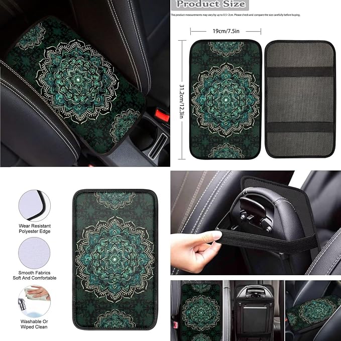 8 Pcs Green Mandala Floral Car Seat Covers Full Set Car Accessories for Women Front Seat Cover Steering Wheel Armrest Cover Seat Belt Cover for Auto SUV Interior Decoration