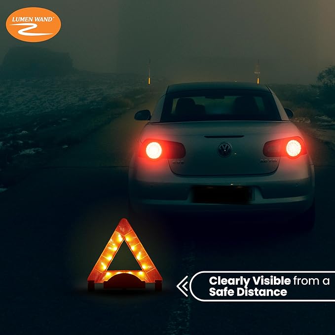 Lumen Wand Reflective Warning Triangle with LED Lights for Road Safety Metal Base | Internal LED with External Reflectors Emergency Triangle for Vehicle Breakdown Pack of 12