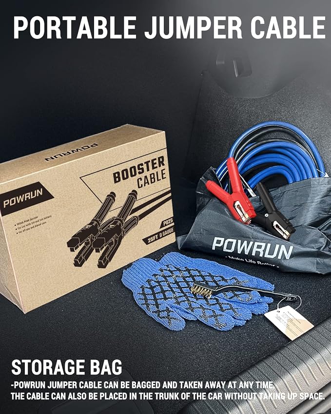 Powrun P025 Jumper Cables for 12/24V Car Battery, 1000A Heavy Duty Booster Cables with Carrying Bag, Jumper Cables Kit for Vehicles with up to 8.0 L Gas and 6.0L Diesel Engines